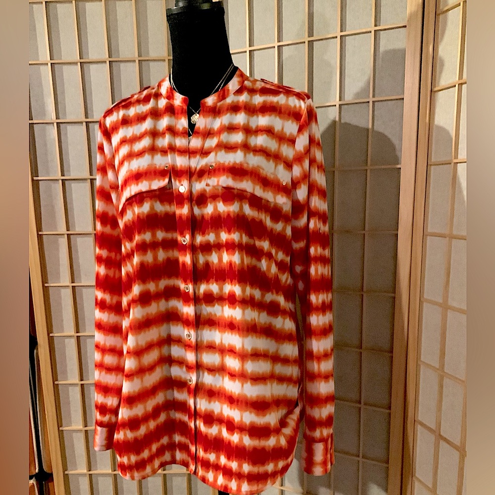 CALVIN KLEIN - Orange/white 5 gold button down front long sleeve top. Sz M
